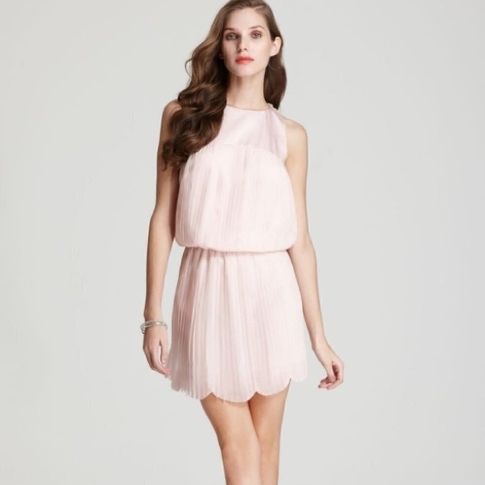Ali Ro Pink Pleated Silky Shiny Gem Sleeveless Scallop Trim Mini Dress Size 10